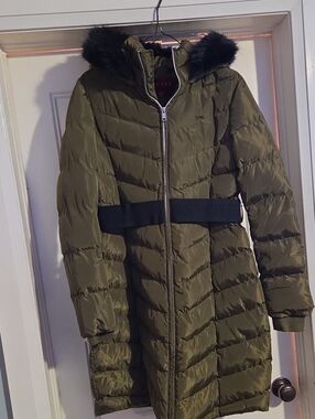 Guess Olive Green Long Quilted Puffer Coat with Faux-Fur Hood